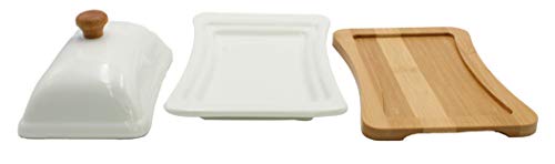 Ceramic Shabby Chic White And Bamboo Butter Dish Wide Butter Container Margarine Keeper With Lid - Thumbnail 2