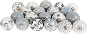 Shah Crafts. Grey and White Ceramic Door Knobs Set of 8 Premium Quality Assorted Designs Handmade Vintage, Shabby Chic, Interior Furniture, Cabinet Cupboard Wardrobe Drawers Pulls Handles