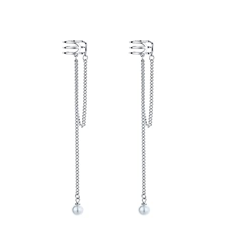 QIAMNI Minimalist Pearl Tassel Earrings Cuffs Clip for Women Teen Girls 925 Silver Long Chain No-Pierced Hypoallergenic Jewelry (GMN-SE1472)