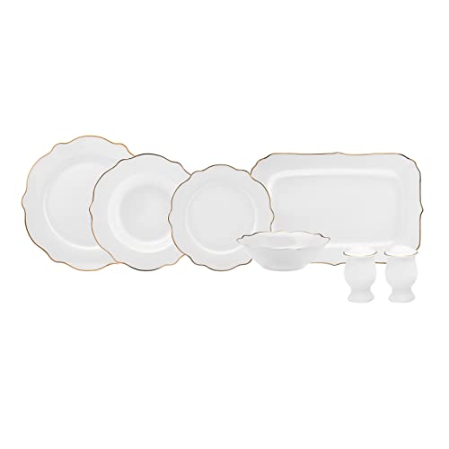 Karaca Daisy Gold Wave Shape Boot 27 teilig Porzellangeschirr für 6 Personen, Servierplatten, Kuchenteller, Schüsseln, Tiefer Teller, Tägliches Und Besonderes Geschirrset