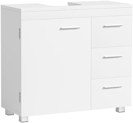 Meuble sous Lavabo, Meuble de Salle de Bain, 3 Tiroirs Latéraux, 2 Cases Derrière la Porte, pour Lavabos sur Colonne, avec Pieds, 30 x 70 x 64 cm, Blanc Nuage BBK504W01