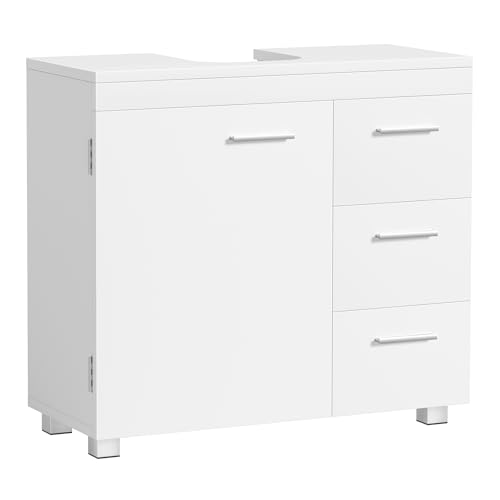 Waschbeckenunterschrank, Badezimmerschrank, 3 große Schubladen, 30 x 70 x 64 cm, 2 Fächer, auch für Waschbecken mit Beckensäule, Badezimmer-Unterschrank mit Füßen, wolkenweiß BBK504W01