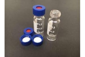 2 ml Clear Glass VIALS, 9-425 Screw top, Grad. w Writing Area & White PTFE/Red Silicone Septa + Blue Screw Cap Bonded, 100/Ca