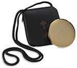 Gold Finish with Leather Burse Hospital Pyx, Holds 60 Hosts -- Brass -- 3" Dia X 3/4" D