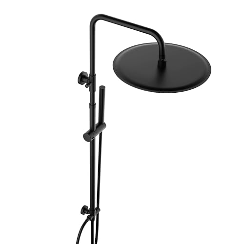 JOHO 304 Edelstahl Duschsystem ohne Armatur, Matt Schwarz Regendusche Duschset Wassersparend mit Wandhalterung, Duschkopf mit Schlauch, Duschstange un