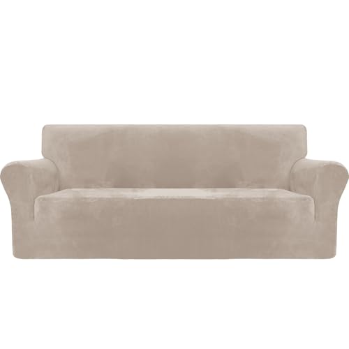 MAXIJIN Thick Velvet Sofa Cover for 3 Seater, Super Elastic Non Slip Sofa Cover, Pet Friendly 1 Piece Furniture Protector (3 Seater, Khaki)
