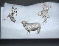 Gift Boxed Set of 3 Pewter Pin Badges-Scotland Bagpipes, Highland Cow,And Highlander. by Gr8selections