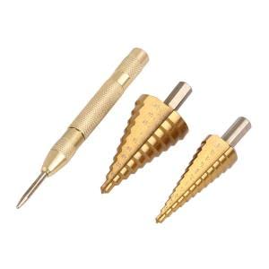 Step drill bit set with automatic center punch