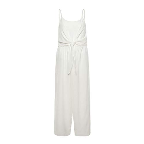 Women's Casual Jumpsuit Romper, Knot Front Spaghetti Strap Sleeveless Wide Leg Long Pant Playsuit White