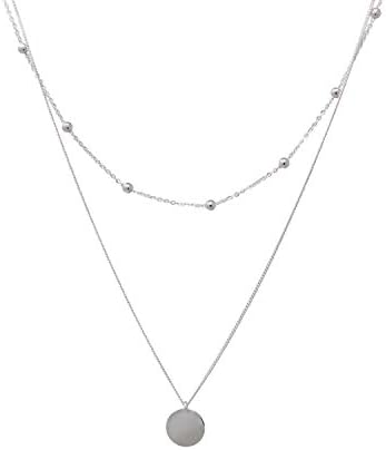 FOROLAV Women's Sterling Silver Layered Beaded Ball Choker and Disc Pendent Necklace