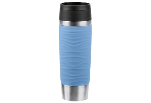 Emsa Travel Mug 500 ml Wave Thermal Mug, Comfort Screw Cap, Coffee Mug to Go, Stainless Steel, 6 Hours Hot and 12 Hours Cold, 100% Leak-Proof, Dishwasher Safe, 360° Drinking Opening, Pastel Blue,