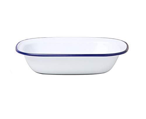 Dunlevy Enamel Pie Dish Oblong Roasting Tray with Porcelain Coating, Alloy Steel Construction, Oven Safe to 270°C, Dishwasher Safe, Freezer Safe, White with Blue Rim, 18 cm