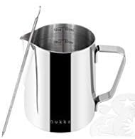 nukka Milk Frothing Pitcher 12oz - Stainless Steel Steaming Cup with Measurement Lines - Perfect for Cappuccino, Espresso, and Latte - Comes with Art Decorating Pen and Stencils (350ml)