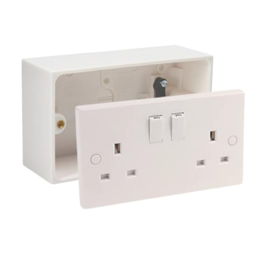 13A Double White Switched Socket Electrical Outlet with Fixing Screws & Double Pattress Back Box Surface Mounted 2 Gang (1, SET with 45mm Box)