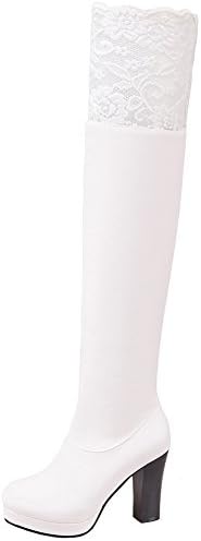 Mofri Women's Sexy Lace Splicing Round Toe Chunky High Heel Platform Pull on Above The Knee Long Boots (White, 9.5 B(M) US)
