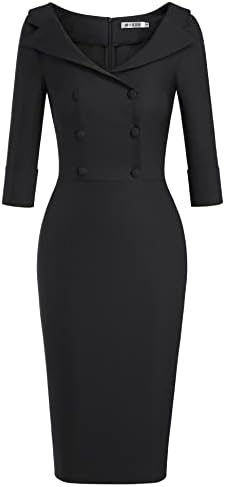 slim fit dress slacks Zapaka Women Black Work Dress with Slit V Neck 3/4 Sleeve Pencil Midi Business Casual Dress, Black / US8 main image 1