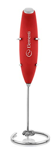 Milk Frother with Stand (Red) - Make Cappuccinos, Lattes and Bulletproof Coffee - Handheld with More Powerful High Torque Motor