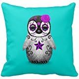 Purple Day Of The Dead Sugar Skull Penguin Blue Throw Pillow Case