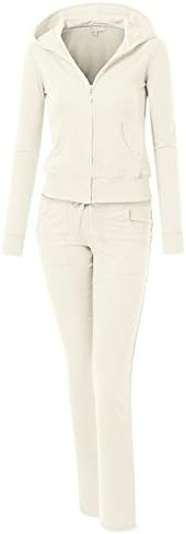 WOMEN'S FRENCH TERRY ACTIVEWEAR SET W/ ZIP UP HOODIE JACKET &amp; PANTS (Medium, Off White)