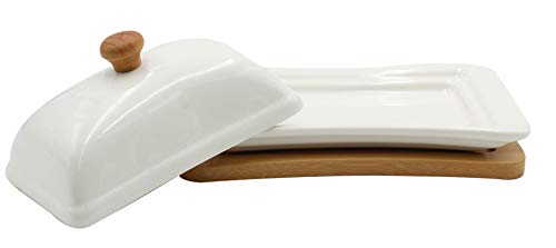Ceramic Shabby Chic White And Bamboo Butter Dish Wide Butter Container Margarine Keeper With Lid