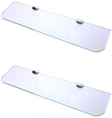 BSM Marketing Set of 2 Long Glass Shelves with Curved Corners and Chrome Finish Supports Bathroom Bedroom Kitchen Office (600mm x 150mm) Appox 24" x 6"