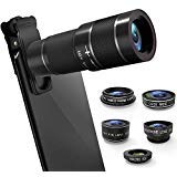Phone Camera Lens Kit, 6 in 1 Cell Phone Camera Lens with 18X Zoom Telephoto Lens/Fisheye/Wide Angle& Macro Lens(Screwed Together)/Telephone Lens/CPL, Compatible iPhone, Samsung & More