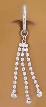 Fake Belly Navel Non Clip on Piercing Clear Cz 3 Long Strand Dangle Ring