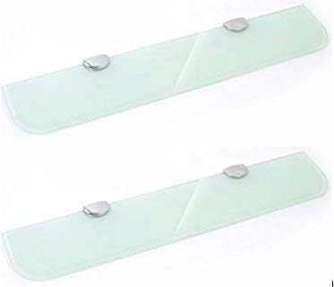 BSM Marketing Set of Two White Glass Shelves with Curved Corners 6mm Thick Toughened Glass Bathroom Kitchen Bedroom 500mm x 100mm (20" Approx) with Large Chrome Finish Supports