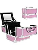 Mini Makeup Train Case with Mirror Portable Aluminum Cosmetic Organizer Box 2 Trays Pink