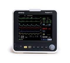 Mindray Passport 8, Nellcor SpO2, 3/5-lead ECG, NIBP, and Respiration.
