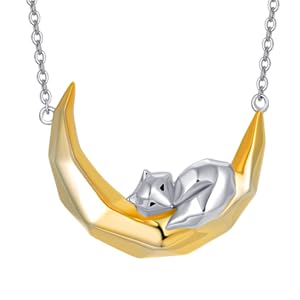 TANGPOET Fox Necklace Animal Necklace Pendant 925 Sterling Silver Moon Pendant Jewelry Moon Necklace Fox Gifts for Women Wife Girlfriend