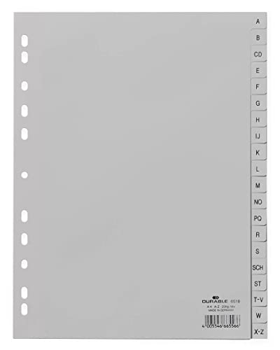 Durable 651010 A-Z Index A4 Embossed 20 Tabs A - Z Made of Polypropylene with Full Coverage, grey