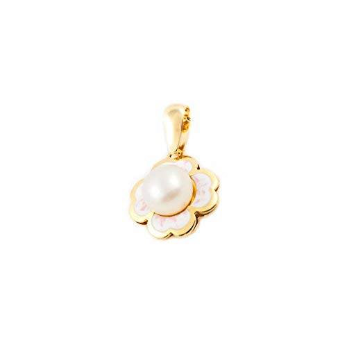 Monde Petit - 9ct Yellow Gold Pink-White Enamel Flower Pearl 5 mm pendant shine