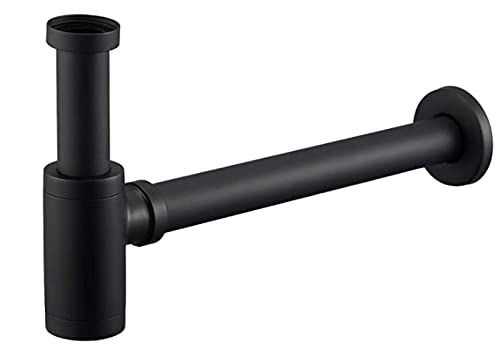 EXLECO Siphon Black 1 1/4 Inch x Diameter 32 mm Stainless Steel Syphon Odour Trap Adjustable Universal Tube Siphon Chrome-Plated Pipe Odour Trap for Washbasin