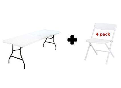 Cosco 8 Foot Long Center Plastic Folding Dj Banquet Party Wedding Table White With Center Handle Plus 4pack White Chair Bundle Set