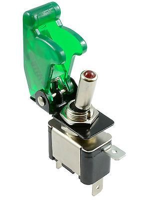 Green illuminated LED Toggle Switch With Missile Style Flick Cover Car Dash 12V by Switch Electronics
