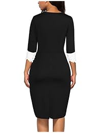 HiLady - Vestido de fiesta para mujer, elegante, de encaje, cuello en V, manga 3 4, cintura fruncida, corto, trabajo