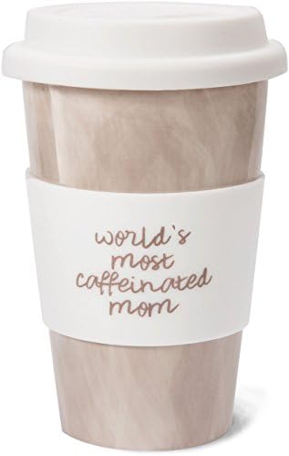 Mom Life World's Most Caffeinated Mom Tan 10 oz Ceramic Travel Coffee Mug with Silicone Lid, Beige
