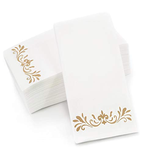 CAVEPOP Gold Dinner Napkins, Disposable Party Napkins, Paper Napkins Decorative, Linen Feel Disposable Hand Towels for Wedding, Guest Bathroom & More - White with Gold, 100 Pack, 8.25 x 4 Inches - Thumbnail 6