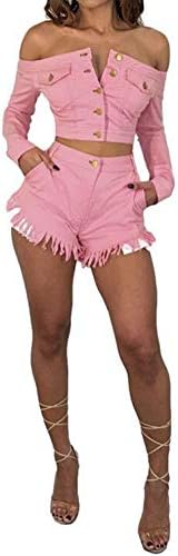 Women Denim-Like Off The Shoulder Pink Crop Top + Shorts 2 Piece Outfits