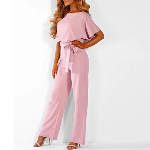 Sunyastor Womens Short Sleeve One Piece Jumpsuit Cocktail Romper Pant Suit Clubwear Straight Leg Jumpsuit with Belt Pink