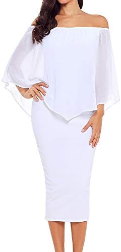 Women's Off The Shoulder Bodycon Midi Dress Layered Chiffon Ruffled Pencil Party Dress for Ladies (White, Medium)