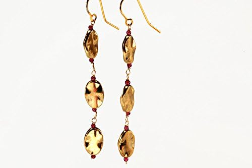 Dangling Hammered Gold Colored Brass Disc Earrings with Garnet Mini Beads