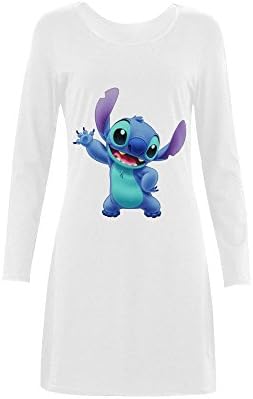RunSports Women's Lilo &amp; Stitch Cartoon Sleep Dress Nightshirt Sleep T-Shirt Long Sleeve White