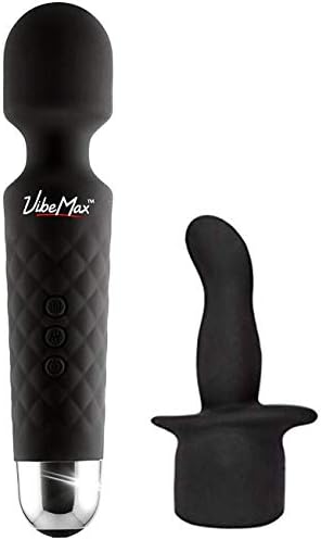 VibeMax Personal Massager Wand + Attachment: Wireless & Waterproof - Handheld - Rechargeable - Powerful Multi Speed Vibration - Whisper Quiet - Cordless - Mini - Black
