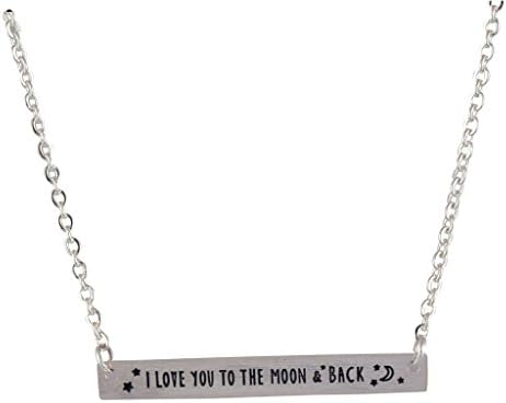 In Your Dreams I LOVE YOU TO THE MOON AND BACK Necklace, Dainty Silver Plated Bar Pendant