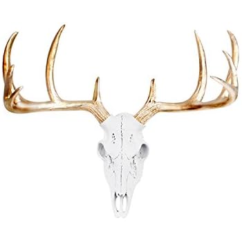 Wall Charmers Large White + Gold Antler Faux Deer Skull Decor - 21 inch Faux Taxidermy Animal Head Wall Decor - Handmade Farmhouse Decor