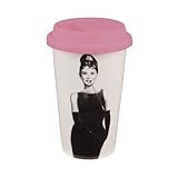 Vandor 92051 Audrey Hepburn Breakfast at Tiffany's 12 oz Double Wall Ceramic Travel Mug with Silicone Lid, Pink, Black, and White