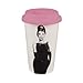 Vandor 92051 Audrey Hepburn Breakfast at Tiffany's 12 oz Double Wall Ceramic Travel Mug with Silicone Lid, Pink, Black, and White
