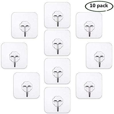 gotain Adhesive Sticky Heavy Duty Utility Hook Transparent Reusable Wall Hangers 22lb Waterproof for Home Kitchen Bathroom Bedroom Dorm Keys Bag Towels-10 Pack, White